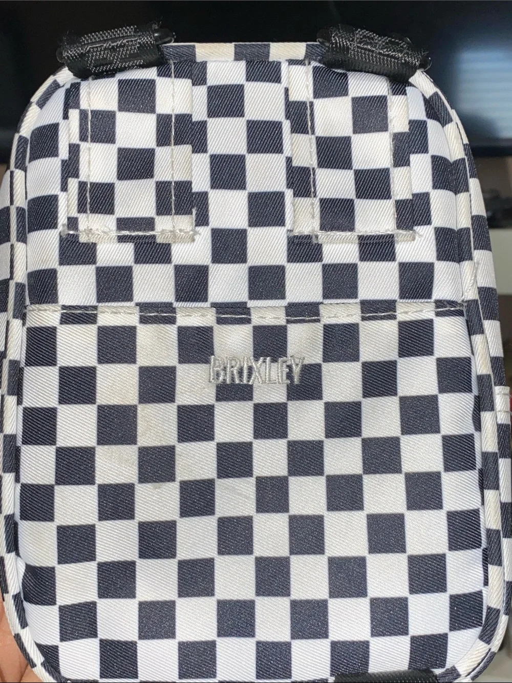 Brixley Rally Checked Crossbody Mini Bag with Black Strap in Black and White
